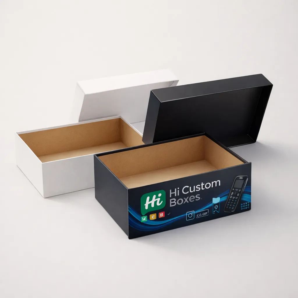 Two rectangular gift-style boxes, one plain white and one black with Hi Custom Boxes branding. class=